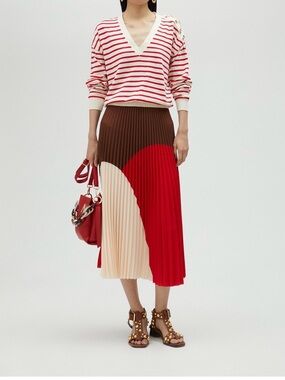 Lola Casademunt- Pleated Colorblock Midi Skirt in Red, Brown & Cream
